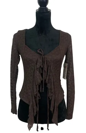 Good Days Project Women's XS Brown Lace Ruffle Tie Front‎ Top Sheer Long Sleeves thumbnail 1