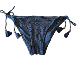 Victorias Secret Black Crocheted Side Tie Beaded Cheeky Swim Bikini Bottom Large thumbnail 1