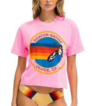 Aviator Nation Womens Venice Surfer Graphic Tee Size L Pink Raw Hem Indie Casual thumbnail 1