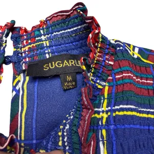 ❤️ Sugarlips Plaid Smocked Ruffle‎ Blouse Medium ❤️ thumbnail 4