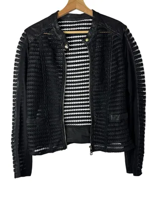 Kate & Mallory Black Mesh & Faux Leather Mixed Media Shell Bomber Jacket S‎ thumbnail 1