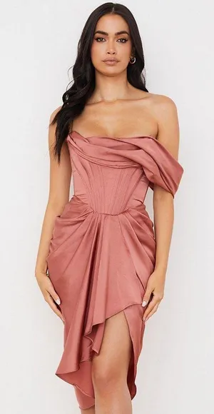 House Of CB NWOT Janis Rouge Satin One Shoulder Draped Midi Dress thumbnail 1