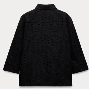 ZARA Eyelet Shirt XS Black Boho Coastal Button Up Embroidered Top thumbnail 5
