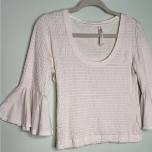 Anthropologie Cream Scoop Neck Smocked Bell Sleeve Blouse XS thumbnail 8