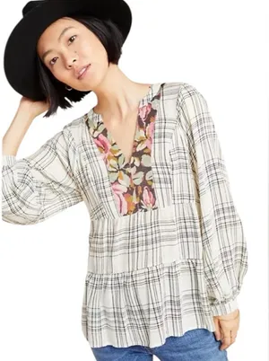 By Anthropologie Darlene Peasant Blouse Top Medium Plaid Floral Gauzy Medium thumbnail 1