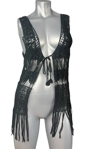 Black Crochet Fringe Vest Boho Chic Fairycore Knit Festival Tassels Badass Small thumbnail 1
