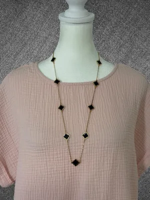 Gold-Tone Black Clover Station Long Chain Necklace With Adjustable Clasp thumbnail 2