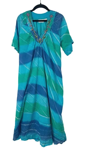Vermont Country Store Midi Dress Women 1X Blue Tie Dye Embroidered Beaded Boho thumbnail 1