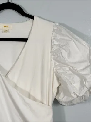 Maeve Anthropologie Puff Sleeve Faux Wrap Surplus Cotton Knit Top White XL thumbnail 4