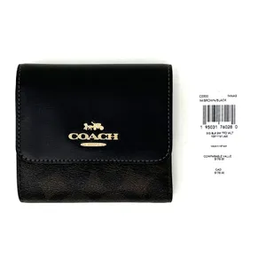 Coach Small Trifold Wallet In Blocked Signature Canvas Brown Black Leather CE930 thumbnail 2