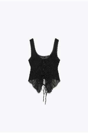 Zara Black Lace-Trim Ruched Tie-Front Tank Top - Women thumbnail 3