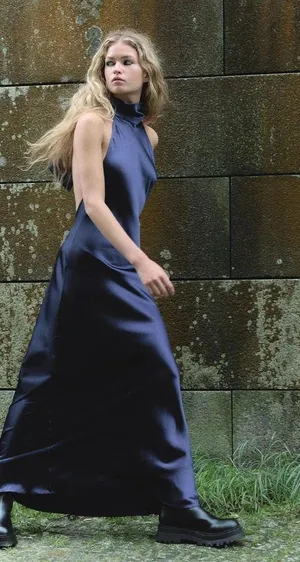 Zara maxi dress satin slip gown Elegant blue Halter formal party wedding prom thumbnail 19