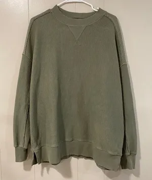 Aerie Ribbed Oversized Sweatshirt XS Green Crewneck Cozy Lounge Top thumbnail 1