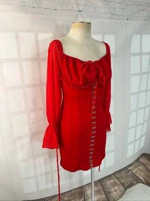 Pretty Little Thing Red Off-the-Shoulder Hook & Eye Mini Bodycon Dress Size 6 thumbnail 3