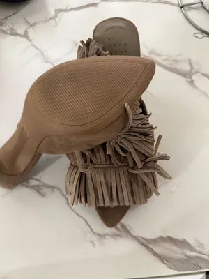 A New Day Women’s Taupe Suede Fringe Pointed Toe Heeled Mules – Boho Memory Foam Slip-On Heels NWT thumbnail 4
