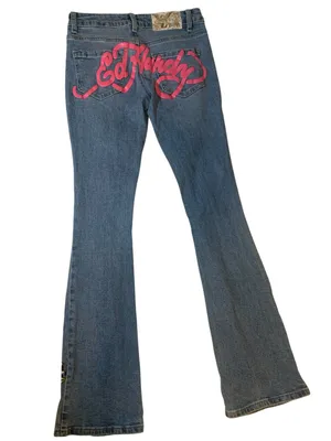 Vintage Ed Hardy Denim Bootcut Jeans Hot Pink Logo & Embroidery Ladies Sz 24 thumbnail 3