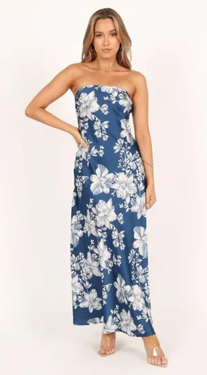 Petal + Pup Gemma Strapless Satin Maxi Dress Blue White Floral Size Large thumbnail 2