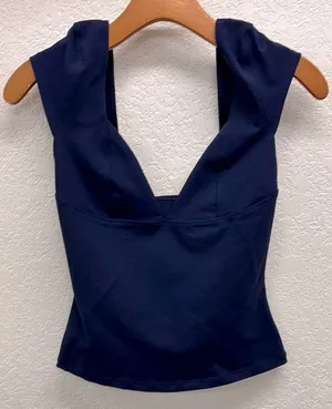 Free People Navy Blue Fitted Plunge Neck Cap Sleeve Top Size S thumbnail 1