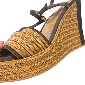 UGG Women’s Brown Leather T-Strap Woven Detail Wedge Espadrille Sandals Size 9 thumbnail 15