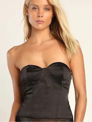 Lulus Sultry Sweetie Black Strapless Satin Bustier Bodysuit - Size S thumbnail 1