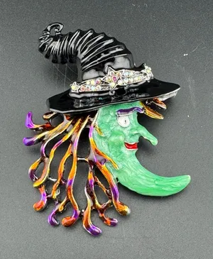 Moon Magic Witch Brooch Halloween Pin Green thumbnail 1