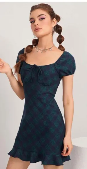 Tie Ruched Bust Ruffle Hem Tartan Dress thumbnail 4