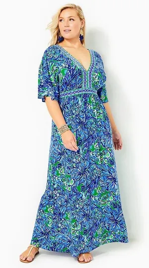 Lilly Pulitzer Addison‎ Floral Maxi Dress Size 14 Abaco Blue Turtle Awe Preppy thumbnail 1