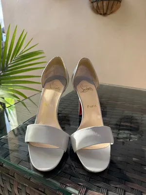 Christian Louboutin Light Grey Leather Open-Toe Stiletto Heels with Red Sole thumbnail 2