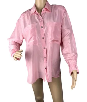Vintage 100% Silk Blouse Button Down‎ Light Pink Sz Medium 90's Shoulder Pads thumbnail 1