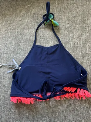 aerie Navy High-Neck Bikini Top with Coral Fringe | Size Medium (New $34.95) thumbnail 6