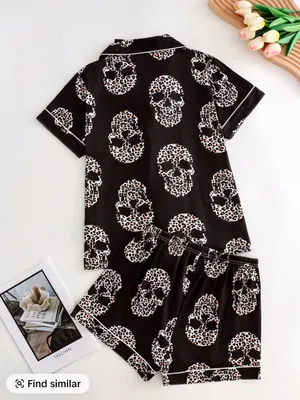 Women's Fitted Skull Print Pajama Set Button Front Short Sleeve Small NEW thumbnail 2