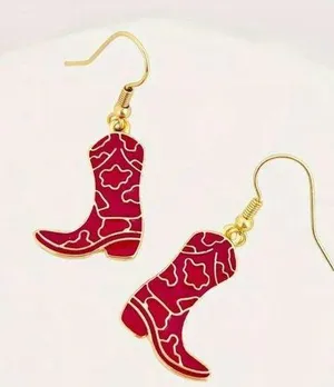 Western Red/Gold Cowboy Boot Drop Earrings thumbnail 1