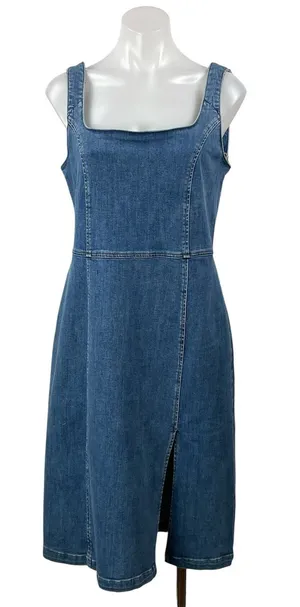 Reformation Parker Blue Sleeveless Square Neck Slit Denim Jean Midi Dress 10 thumbnail 1