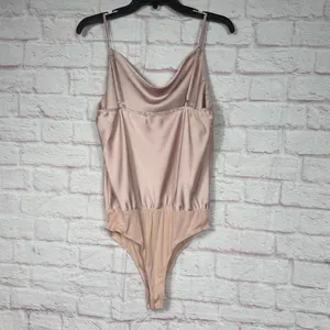 Light Pink Satin and Jersey Bodysuit with Cowl Neck and Adjustable Straps Med thumbnail 5