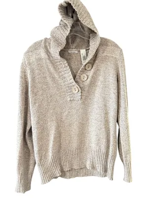 Liz & Co Womens Oatmeal Marled Knit Hoodie Henley Sweater Large Beige‎ Pullover thumbnail 1