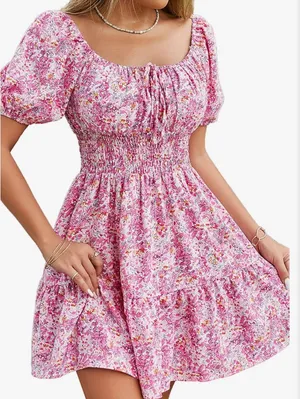 Babydoll Floral Square Neck Puff Short Sleeve A Line Dress thumbnail 1