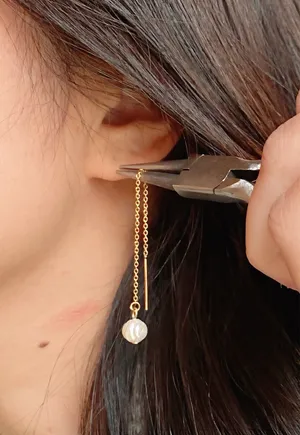 Handmade gold tone stainless steel dainty thread pearl earrings💖 thumbnail 6