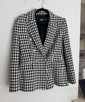 Zara houndstooth double breasted gold button oversized blazer jacket M  thumbnail 1