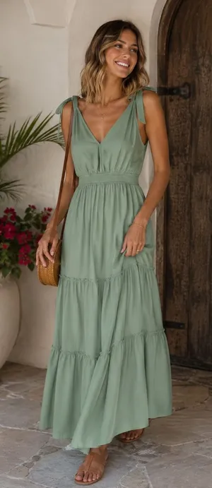 PrettyGarden Womens L Sage Green Tiered Maxi Dress Smocked Boho Cottagecore‎ thumbnail 1