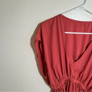 Womens Mini Dress V-Neck Short Dolman Sleeve Pink Red Elastic Waist A-Line Skirt thumbnail 4