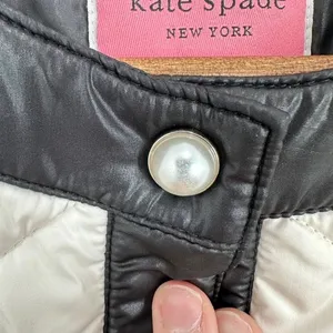 Kate Spade‎ Quilted Puffer Coat Jacket Ivory Black Trim Pearl Buttons Size L thumbnail 6