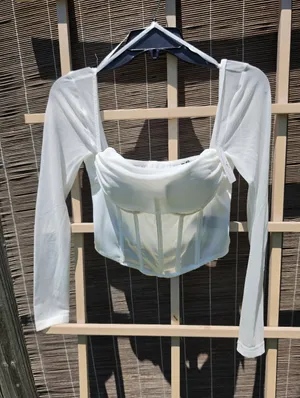 NEW Windsor Ivory Long Sleeve Satin Corset Top Medium thumbnail 3