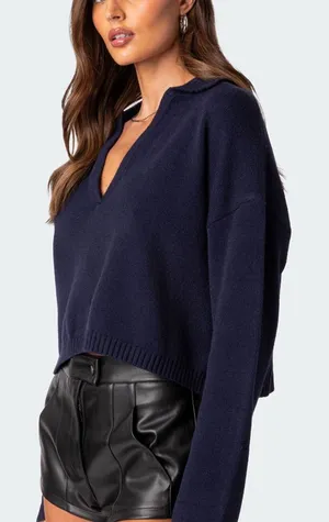 Edikted Marcie Oversized Cropped Sweater in Navy Size Small NWT thumbnail 1