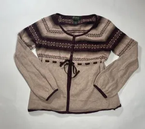 Merino Wool Blend Sweater Cardigan Womens Size L Cream Brown V-Neck thumbnail 1