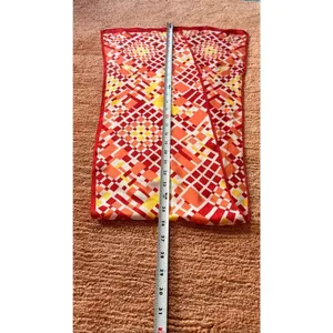 Geometric Silk Feel Scarf Red Orange Yellow Long Rectangle Vintage Style thumbnail 2