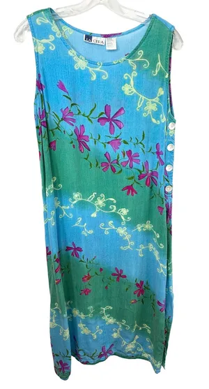VTG La Cera Medium Midi Dress Blue Green Floral Sleeveless Beach Vacation 1018‎ thumbnail 1