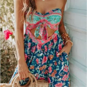 Magnolia Boutique - One piece Strapless Navy Mixed Print Jumpsuit - Small - NWOT thumbnail 4