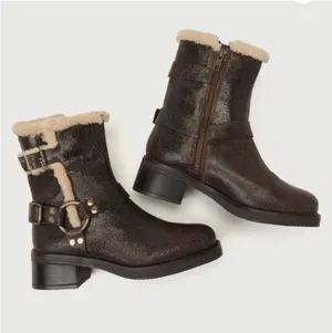 Steve Madden Brixton Brown Distressed Leather Faux Fur Mid-Calf Moto Boots 8 thumbnail 1