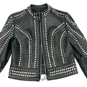 Genuine Leather Studded Crop Jacket Coat Blazer Cardigan Parka Slim Rhinestones thumbnail 9