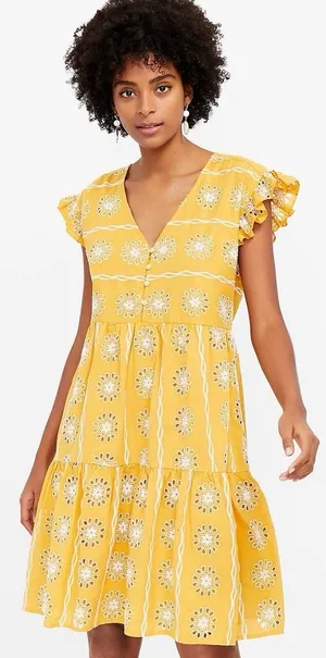 LOFT Eyelet V-Neck Ruffle Sleeve Henley Tiered Dress thumbnail 1